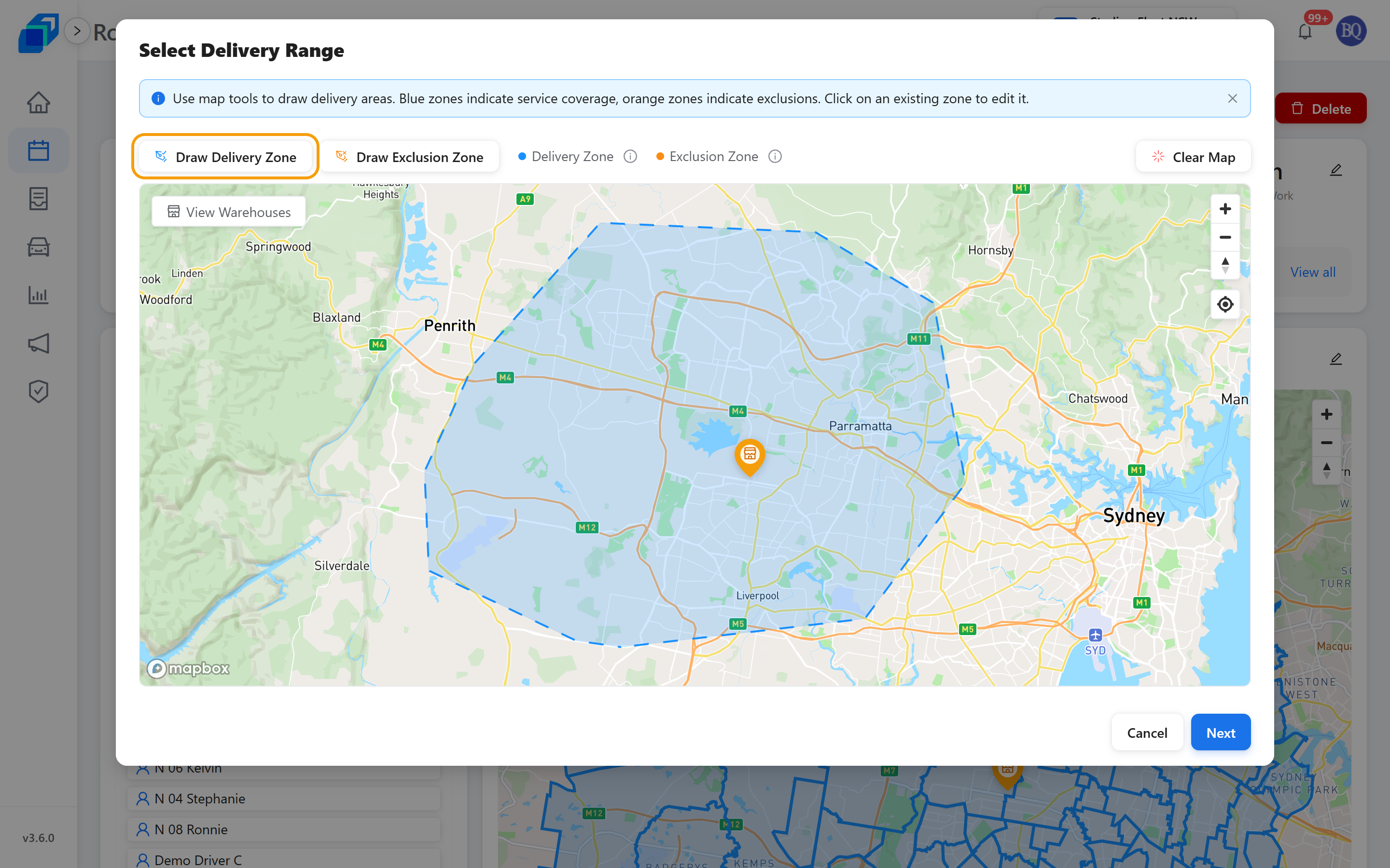 Select Delivery Range, with Draw Delivery Zone marked