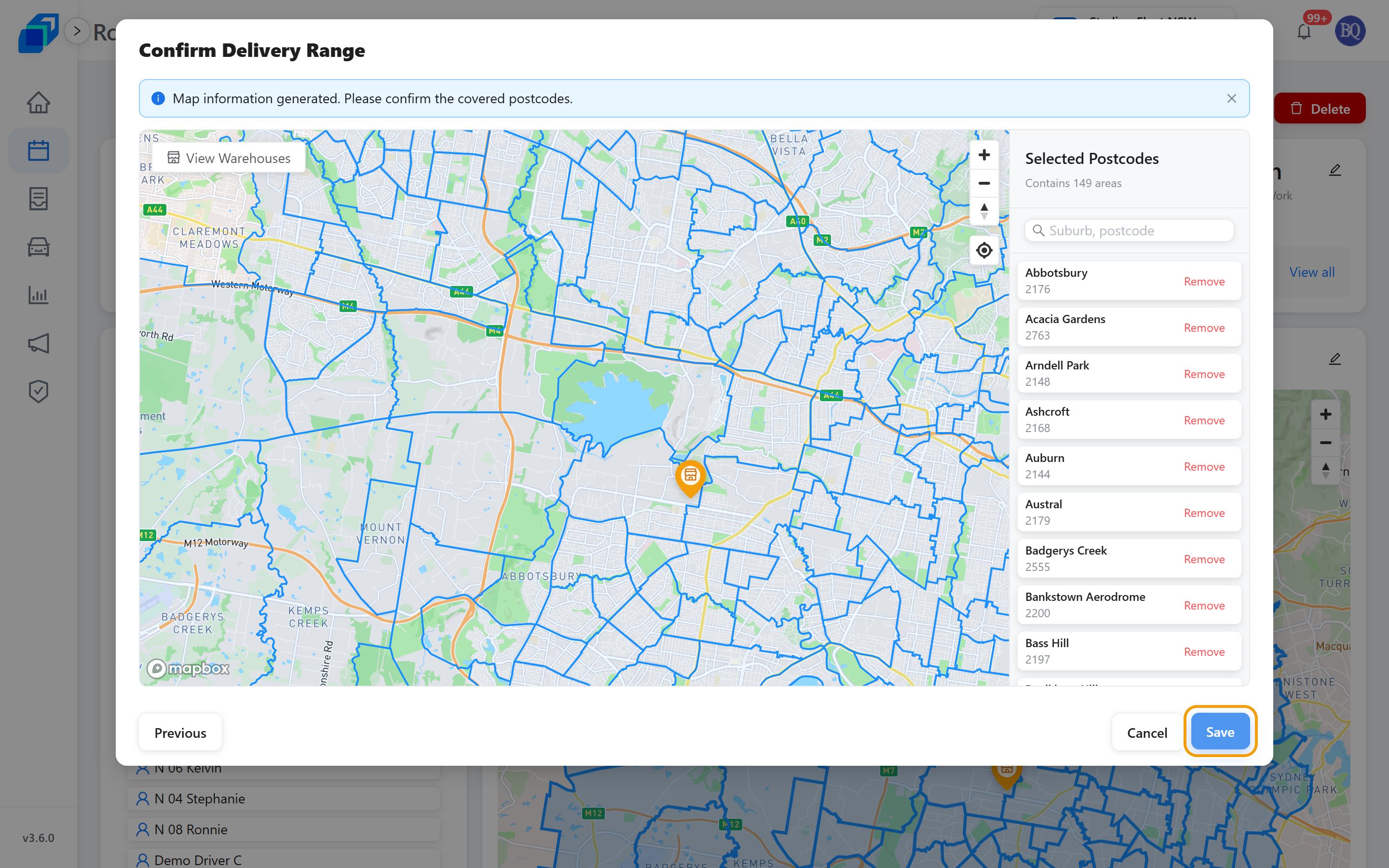 Confirm Delivery Range, with Save marked