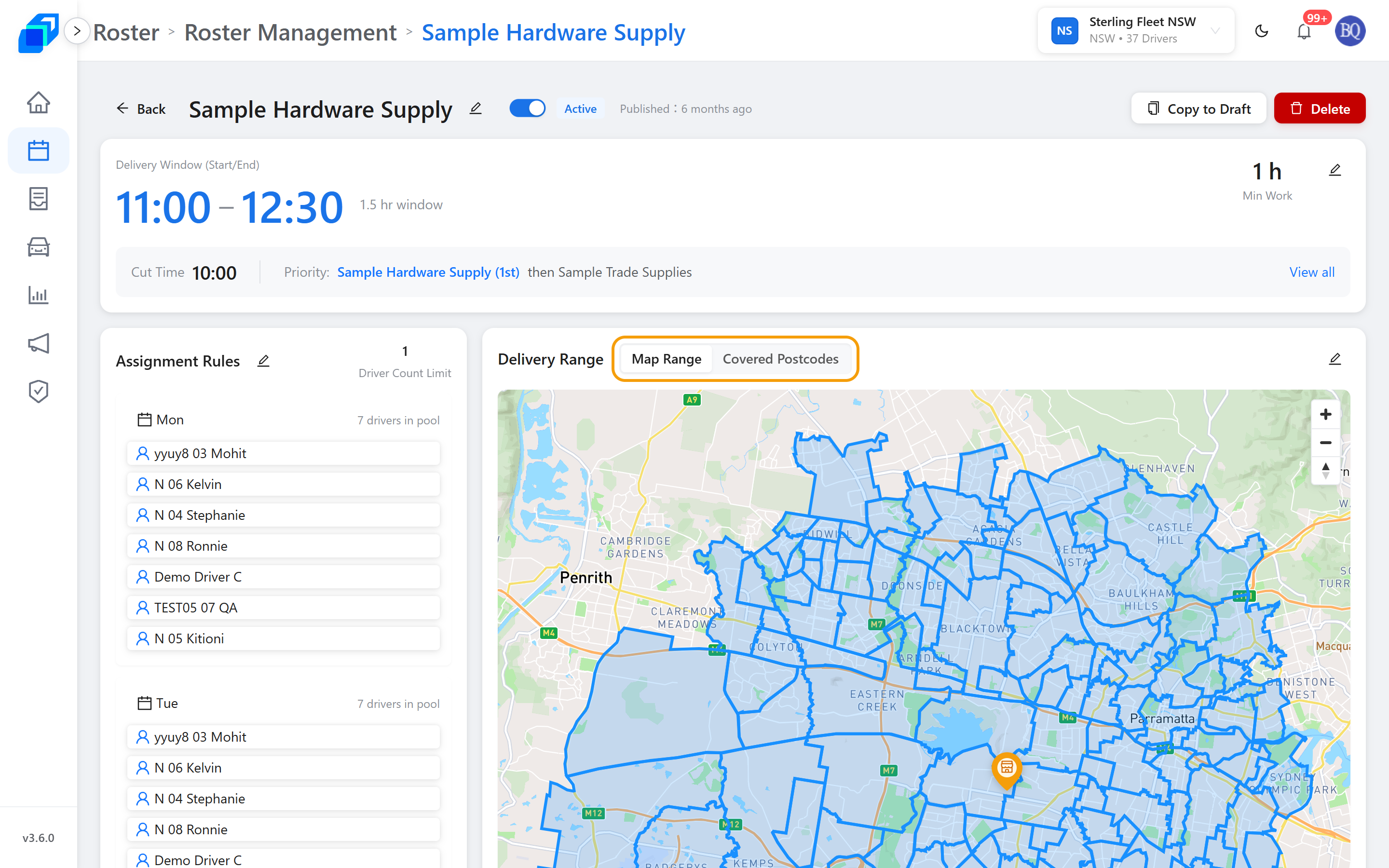 The Delivery Range card, with the Map Range and Covered Postcodes tabs marked