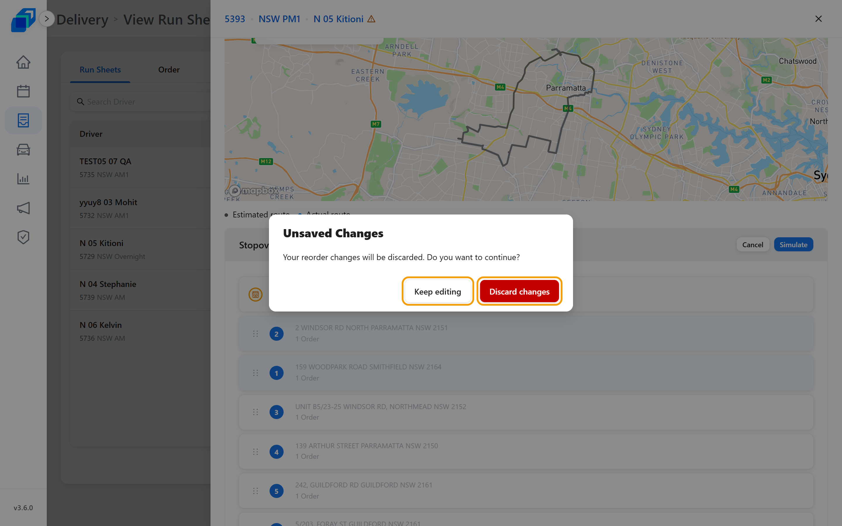 The Unsaved Changes dialog, with Keep editing and Discard changes marked