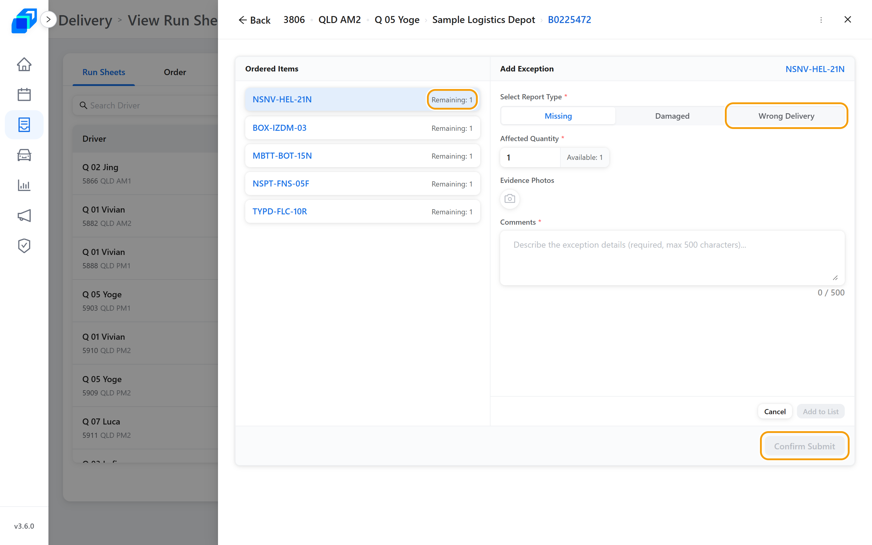 The exception form with an item picked, the report types, and Confirm Submit marked