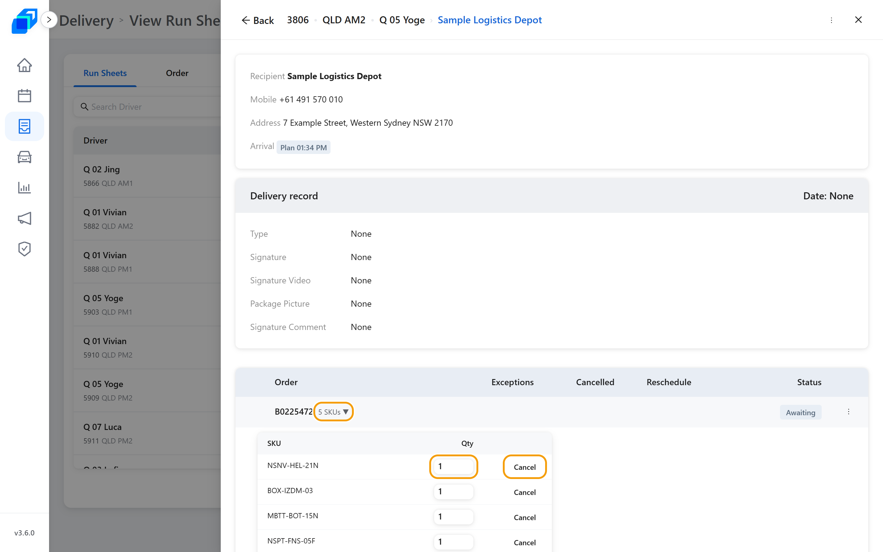 An order expanded to its SKU lines, with the SKU button, Qty and Cancel marked