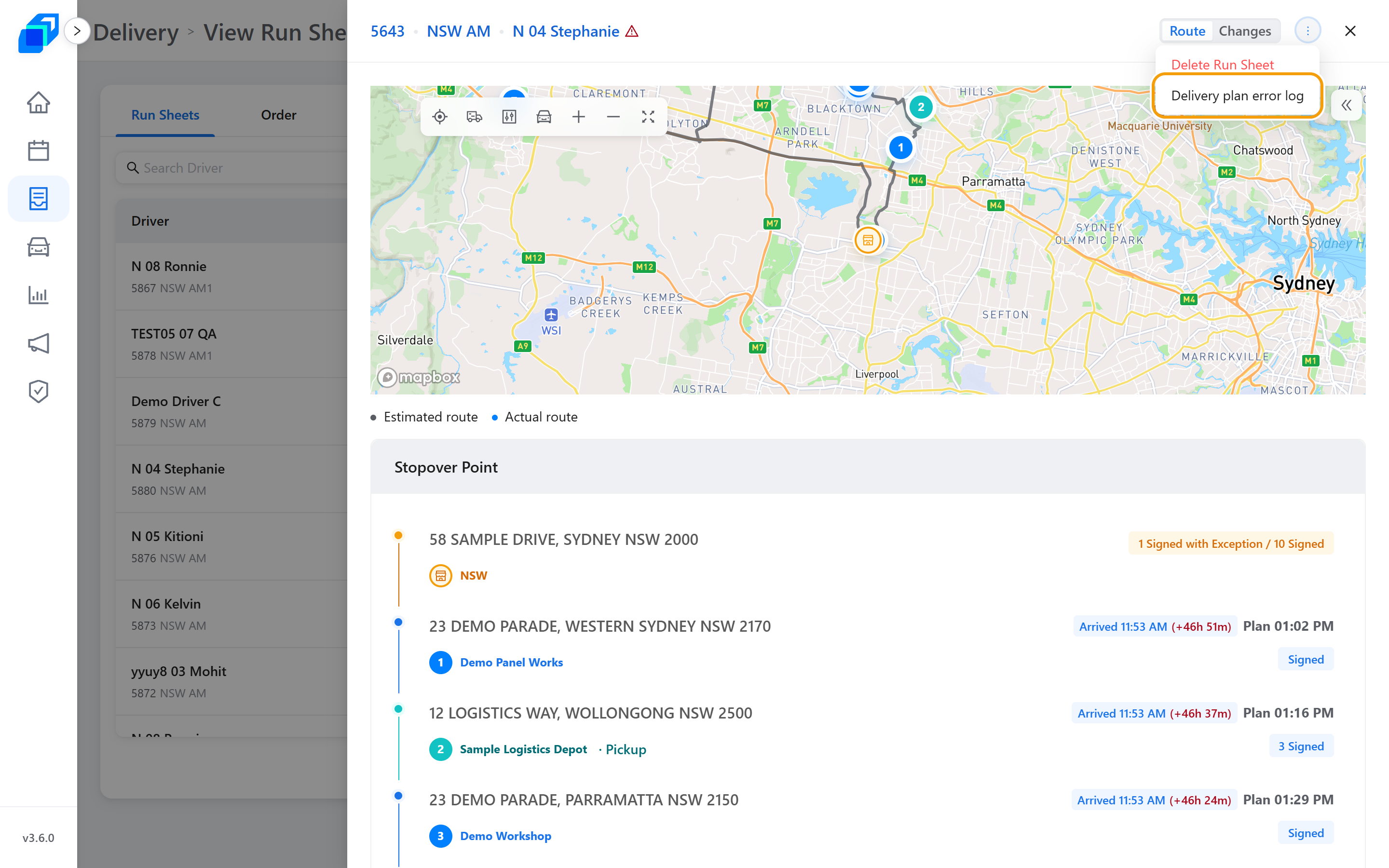 The run sheet menu with Delivery plan error log marked