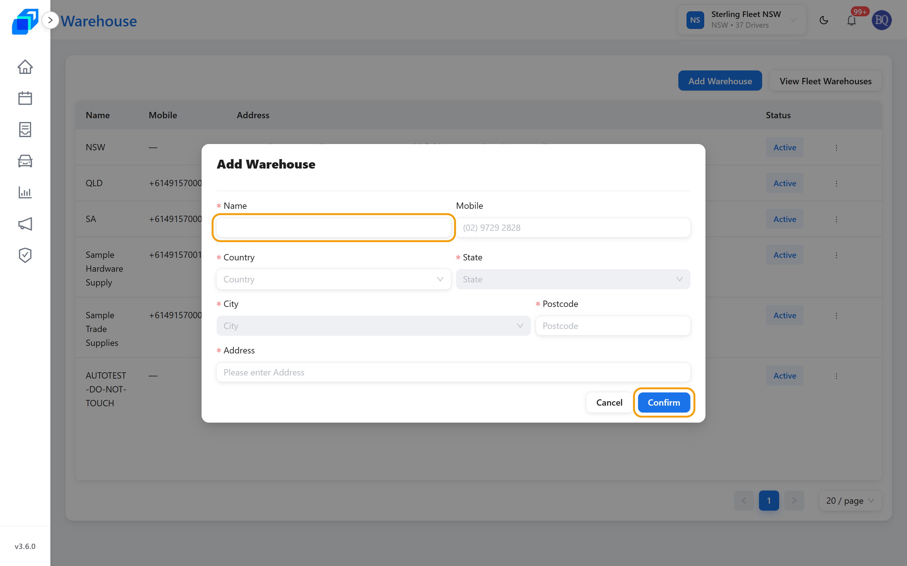 Add Warehouse – Name and Mobile, then Country, State, City, Postcode and Address, with Cancel and Confirm