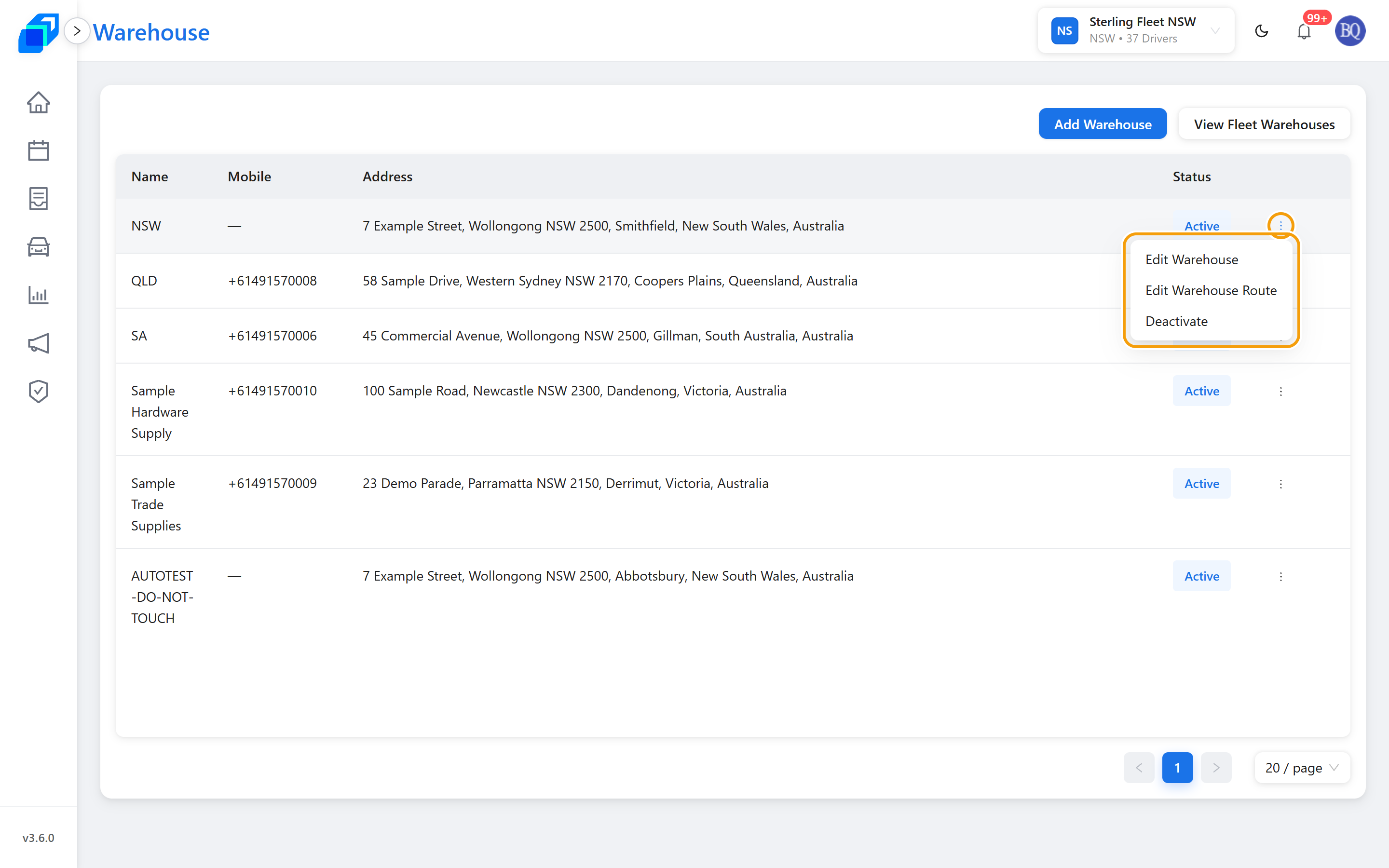 The warehouse row menu – Edit Warehouse, Edit Warehouse Route, Deactivate