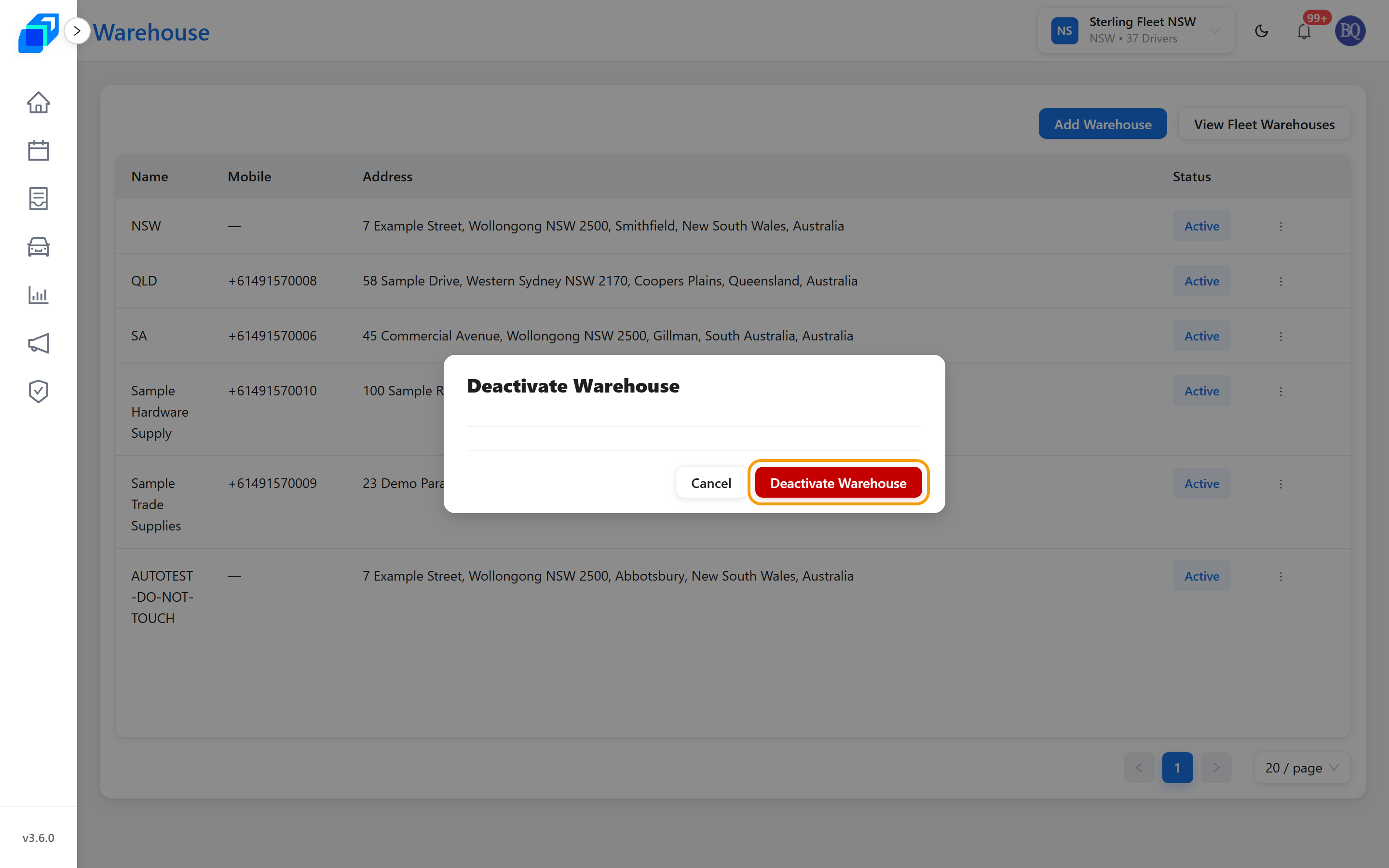 Deactivate Warehouse – Cancel unless you mean to deactivate it