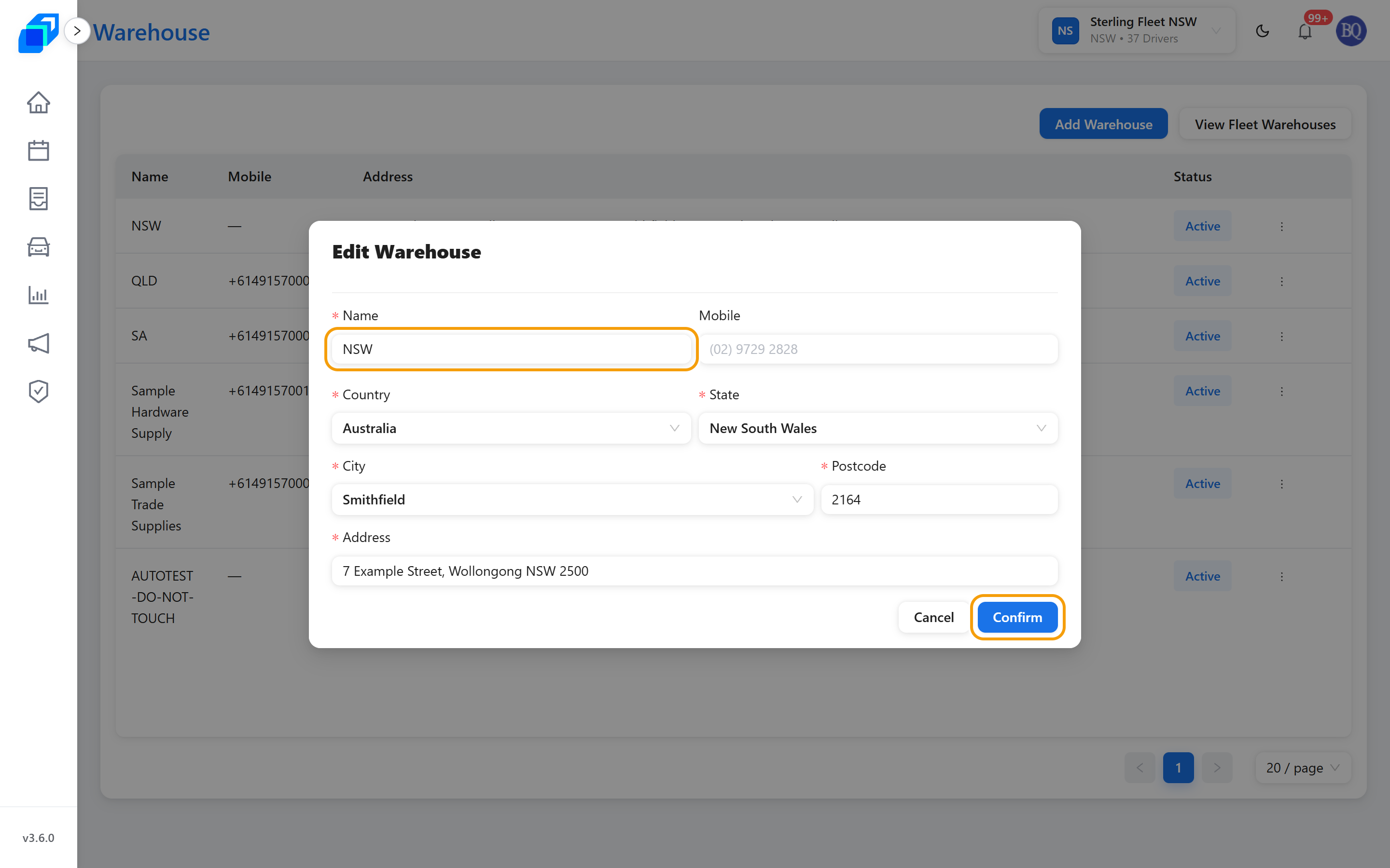 Edit Warehouse – the name field and Confirm