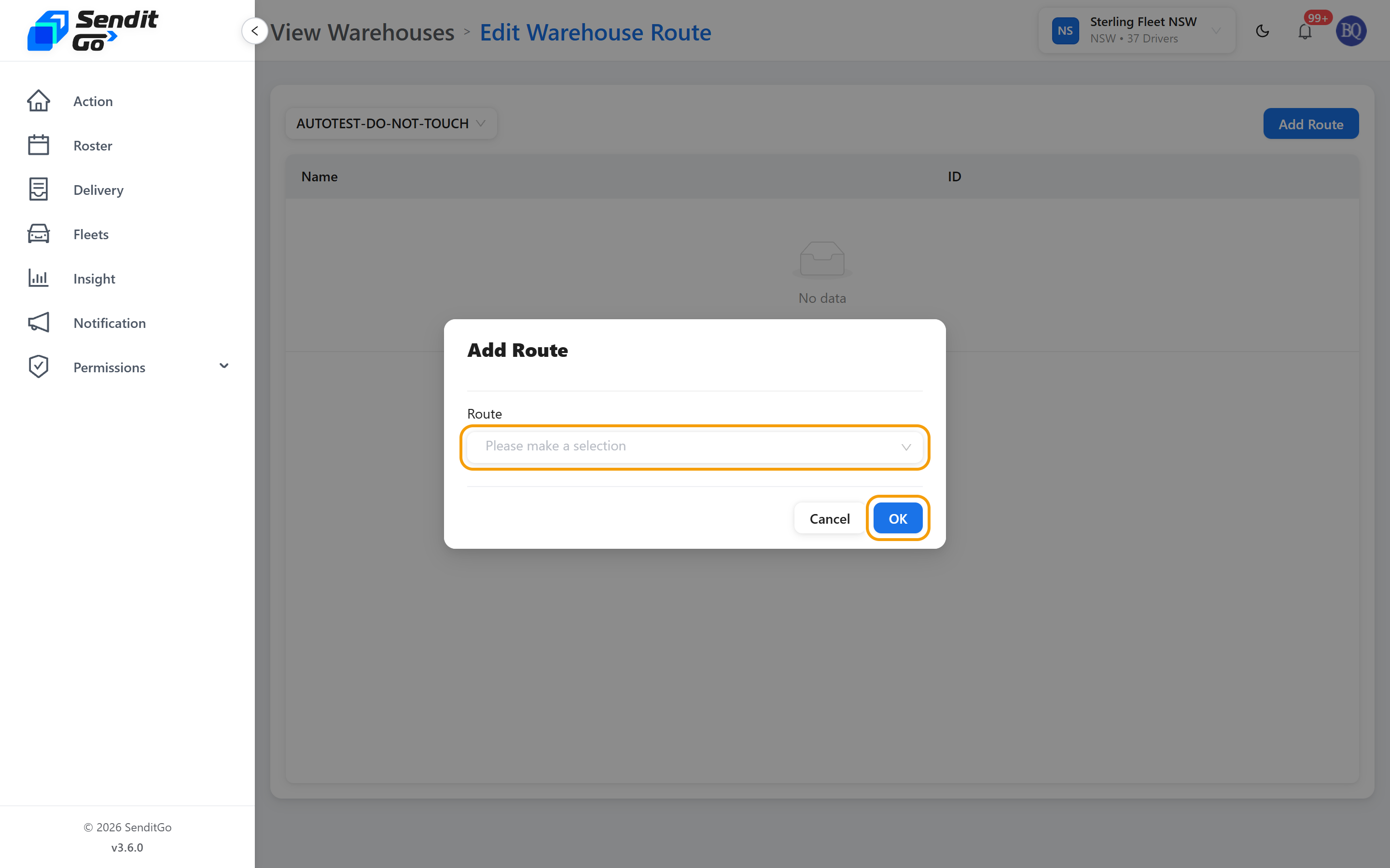Add Route – pick destination warehouses, then OK