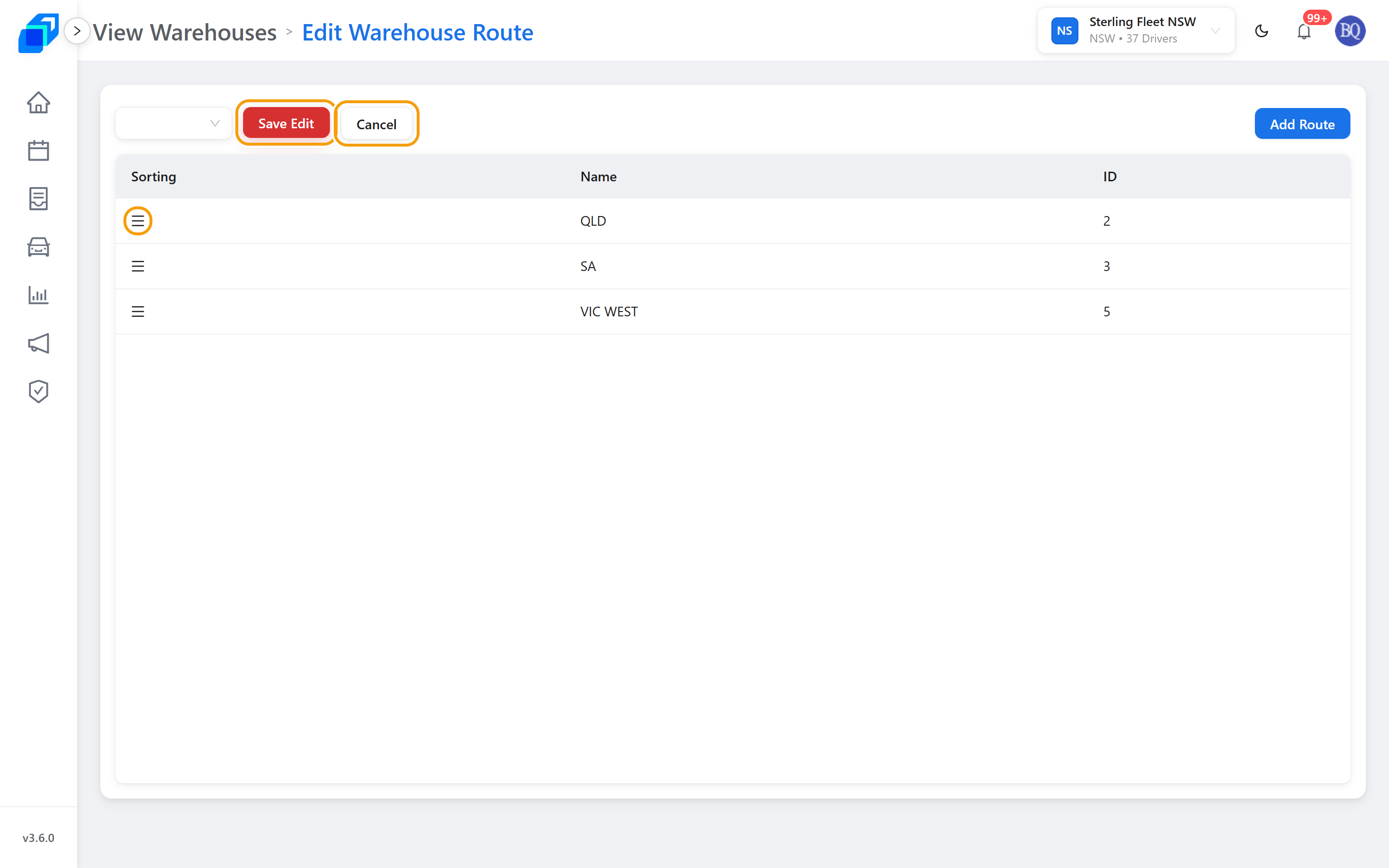 Sorting mode – the drag handles, Save Edit and Cancel