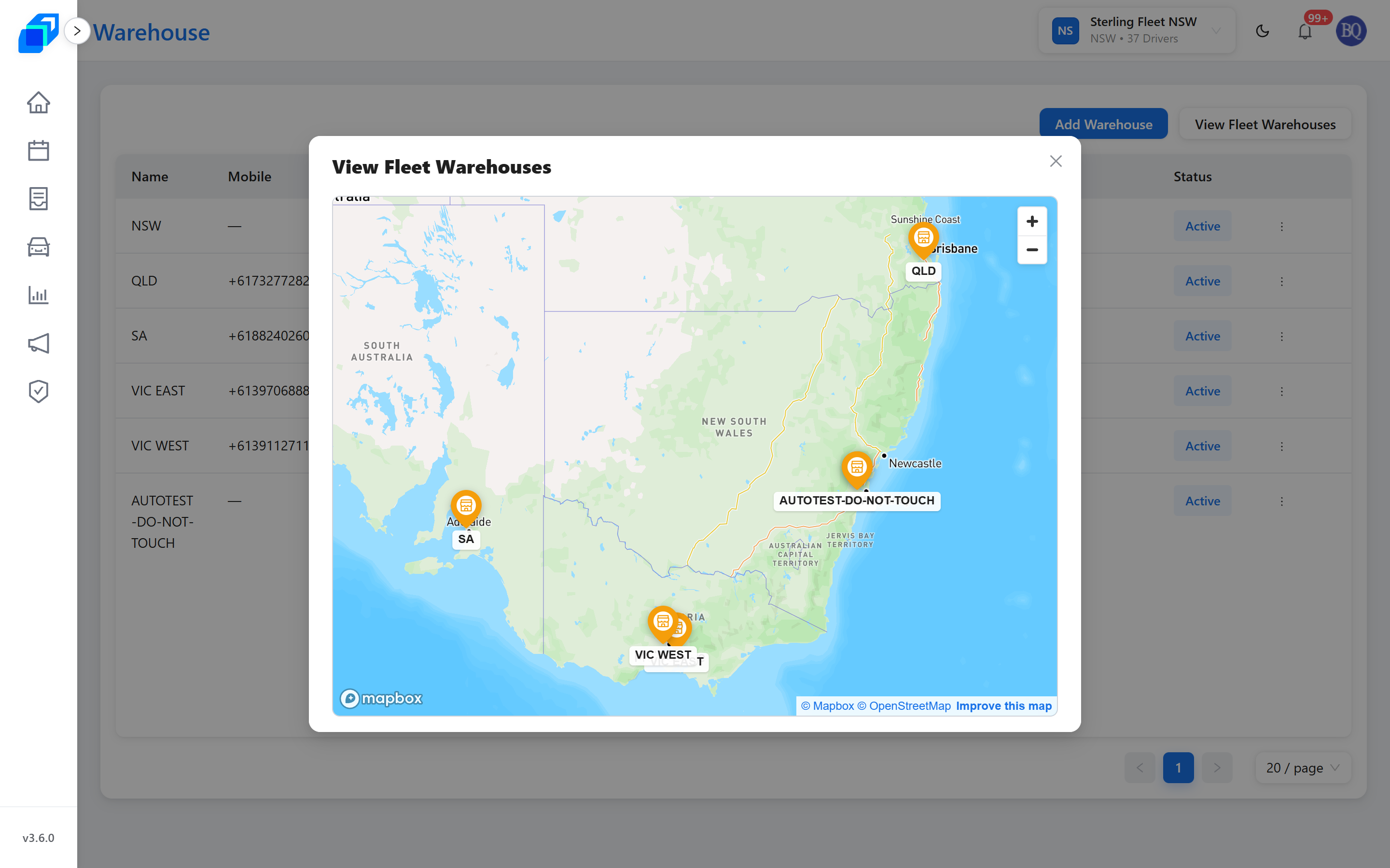 View Fleet Warehouses – every warehouse in the fleet, pinned and named