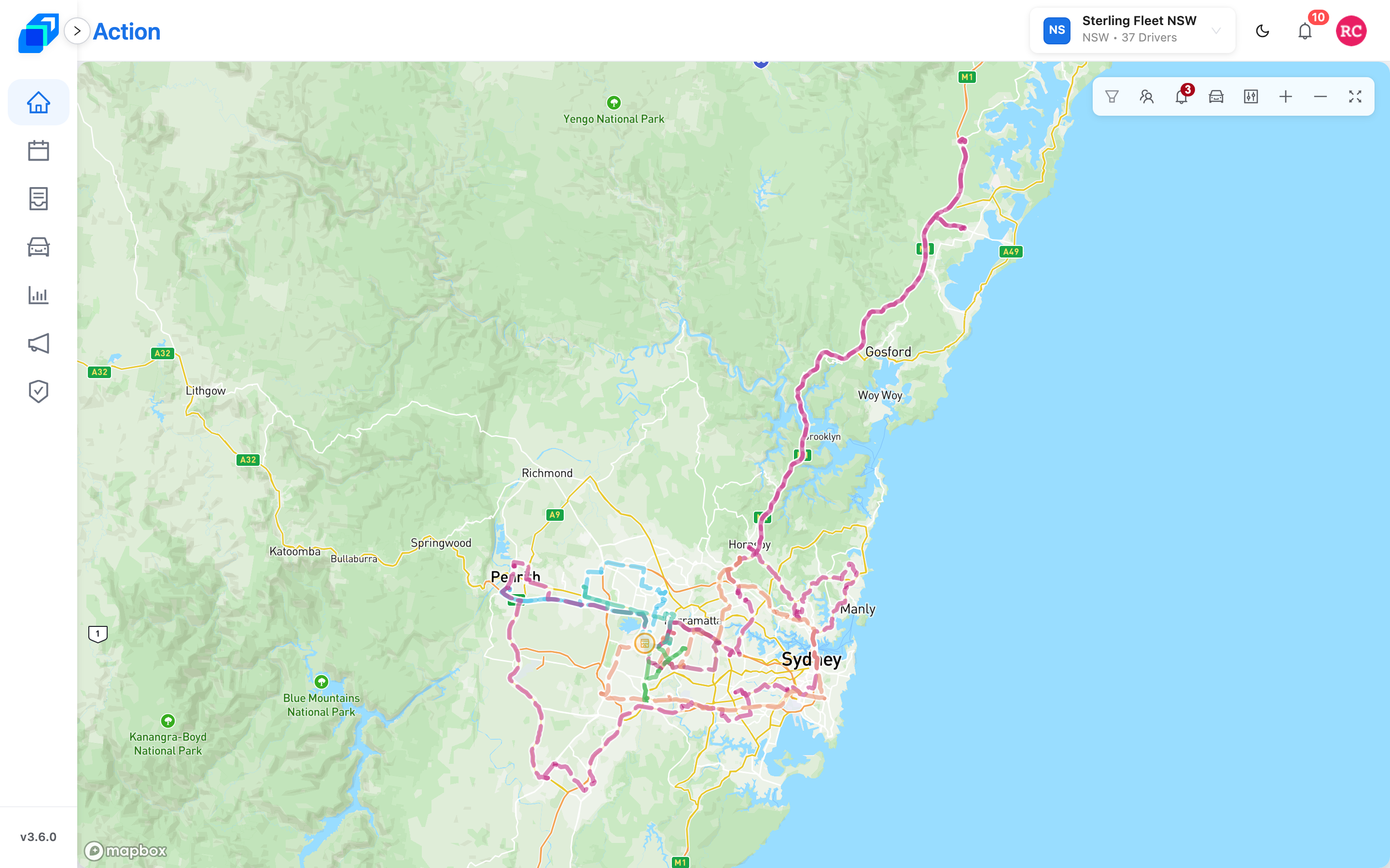 Action – the live fleet map you land on in the web console