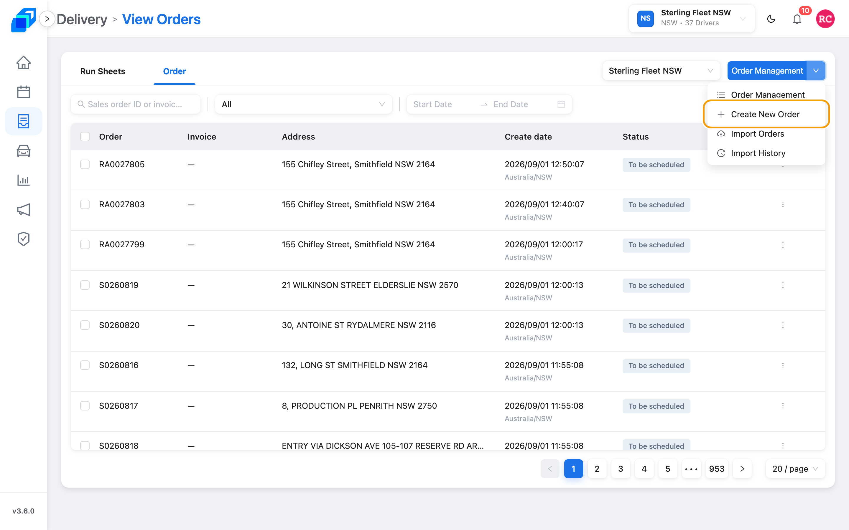 Order Management menu – click Create New Order