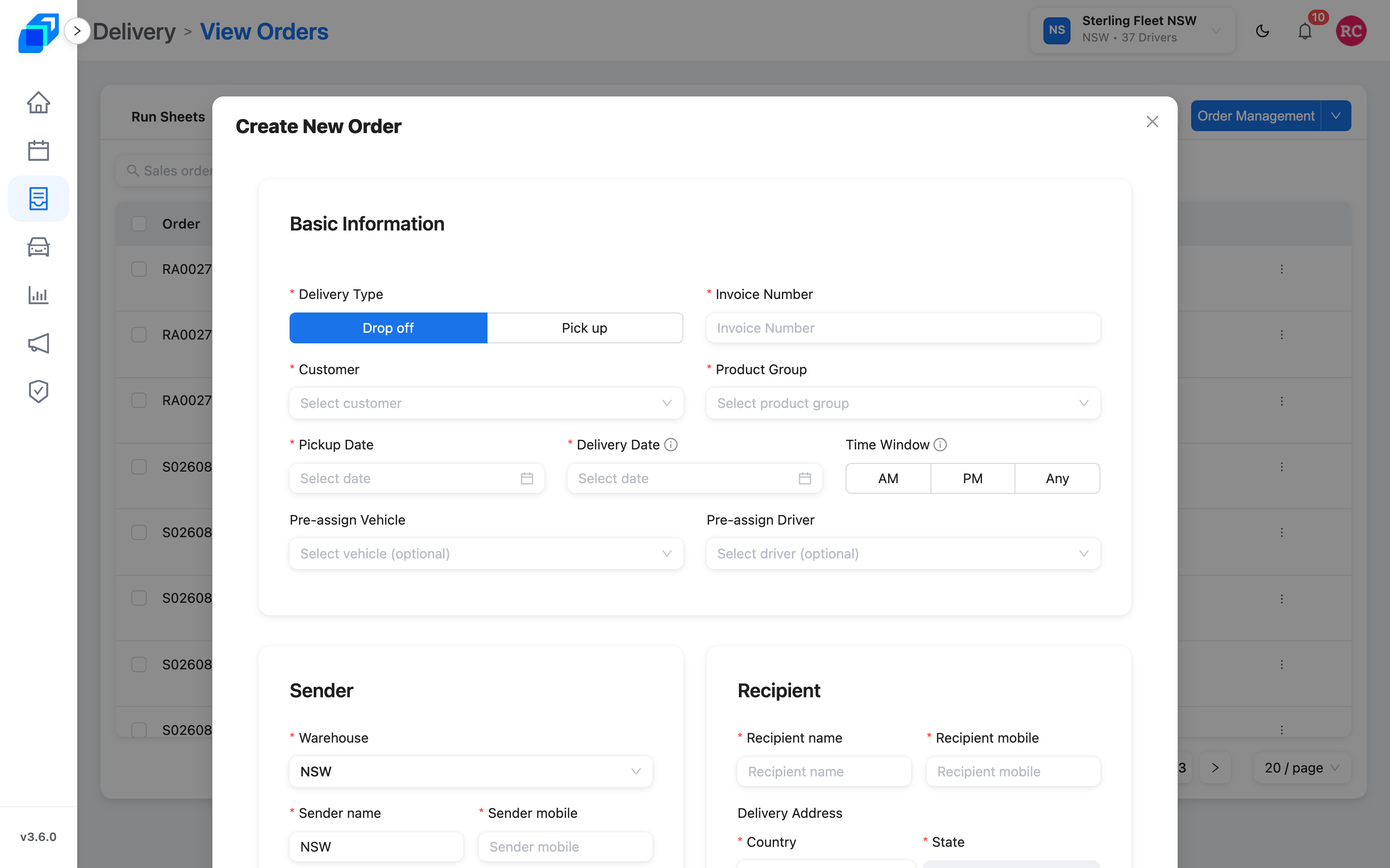Create New Order – Basic Information, Delivery Type Drop off, Customer, Product Group