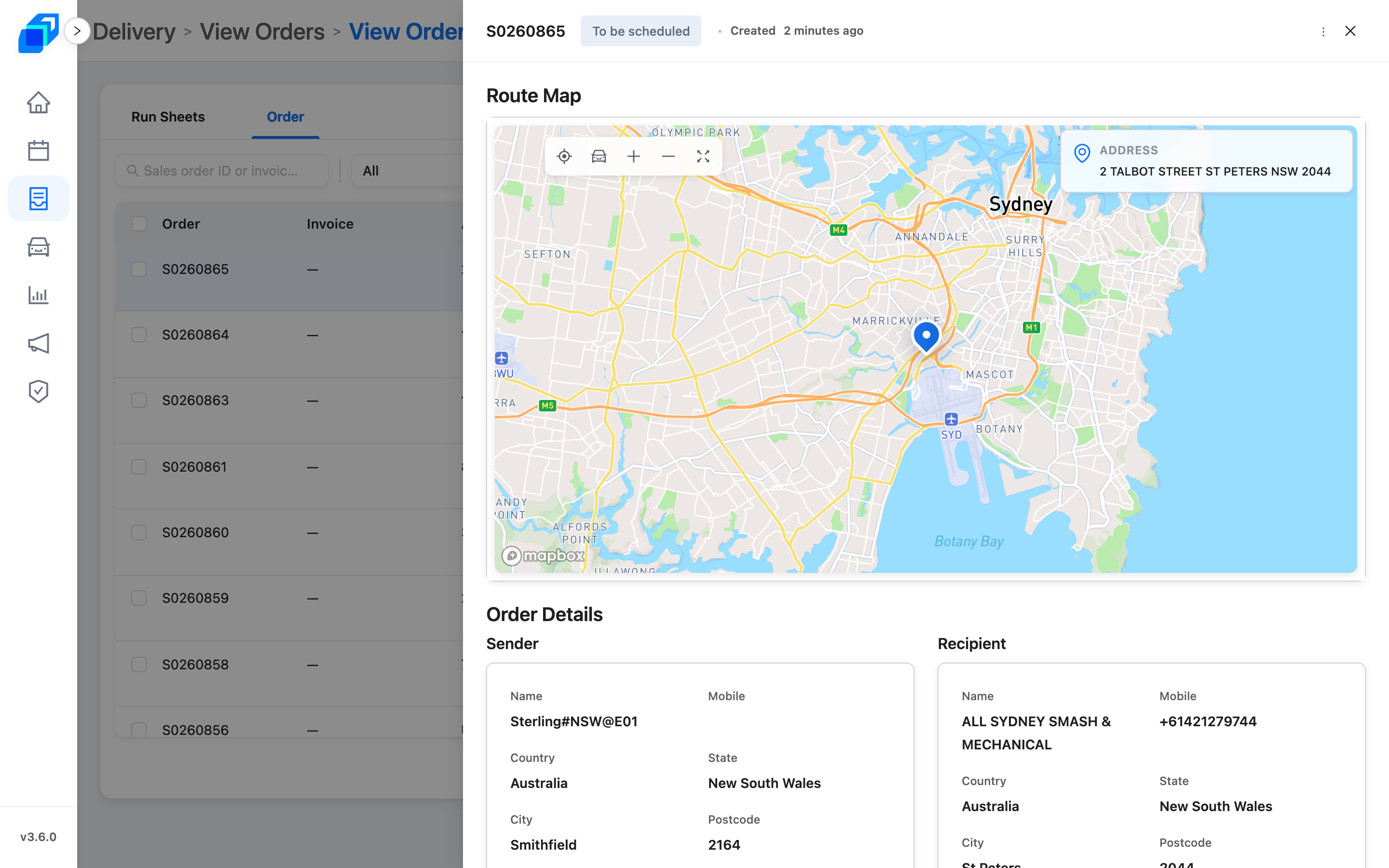 Order detail – map, sender, recipient