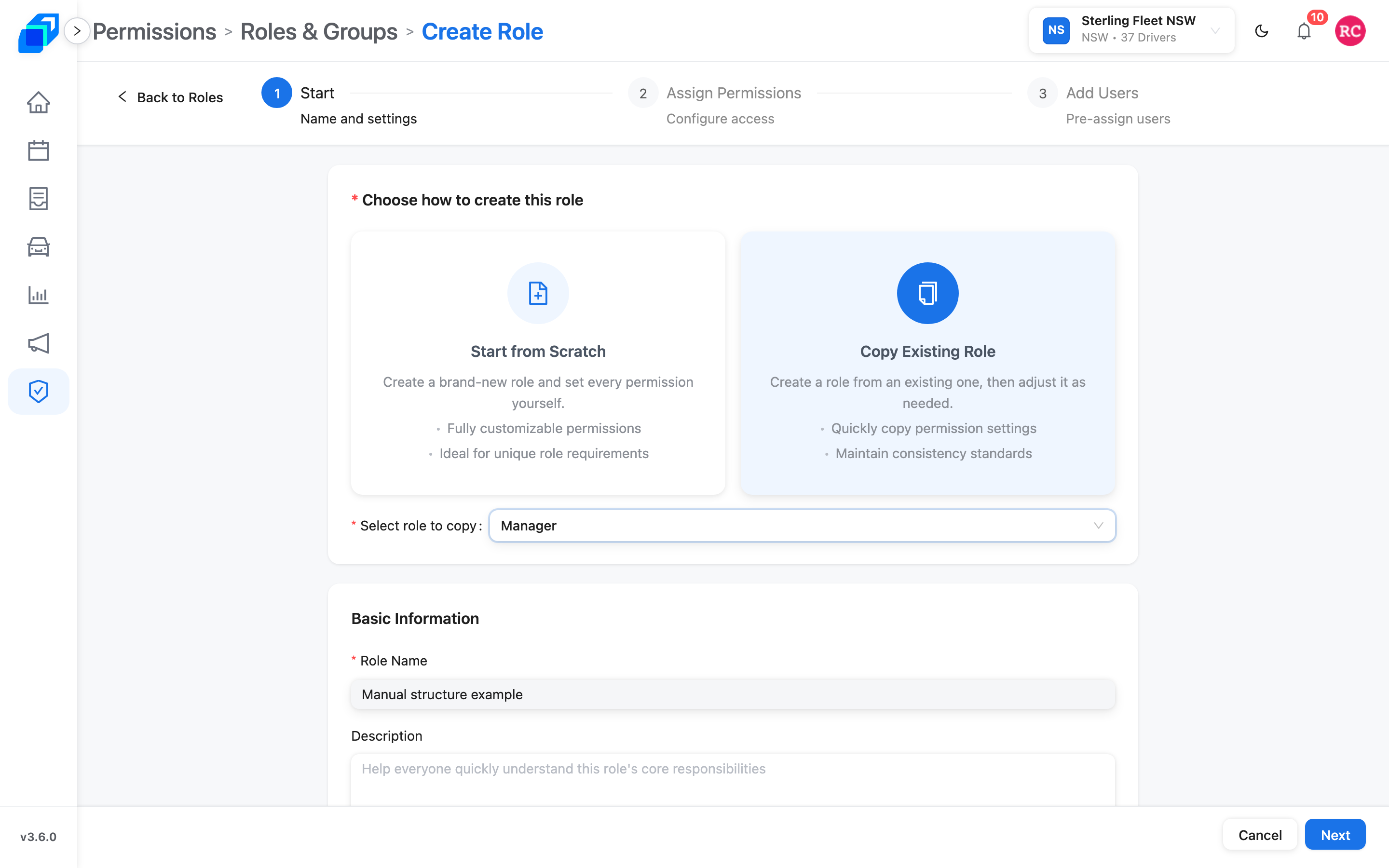 Copy Existing Role – Select role to copy is Manager