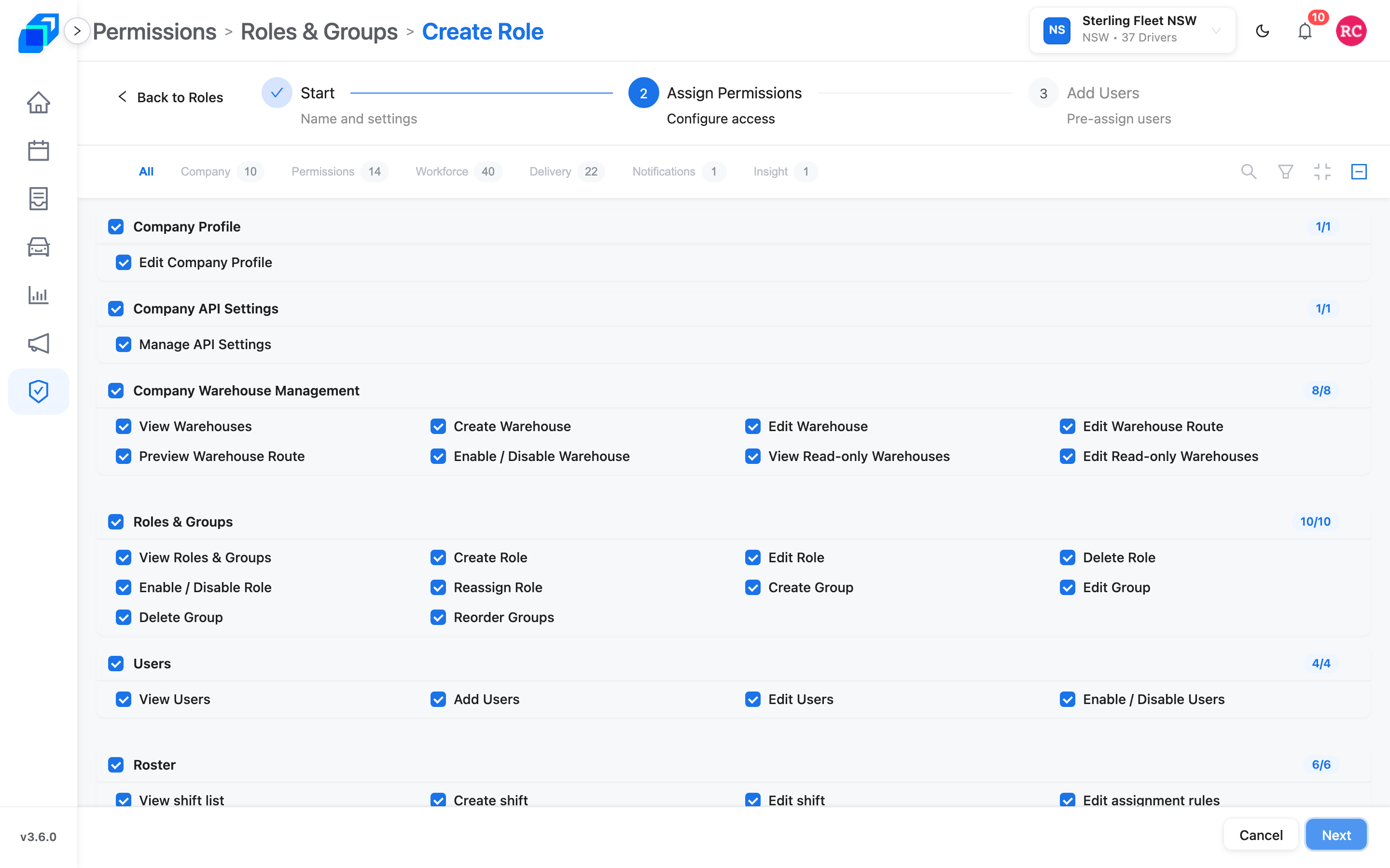 Assign Permissions – ticks by Company, Roles & Groups, Users, Roster