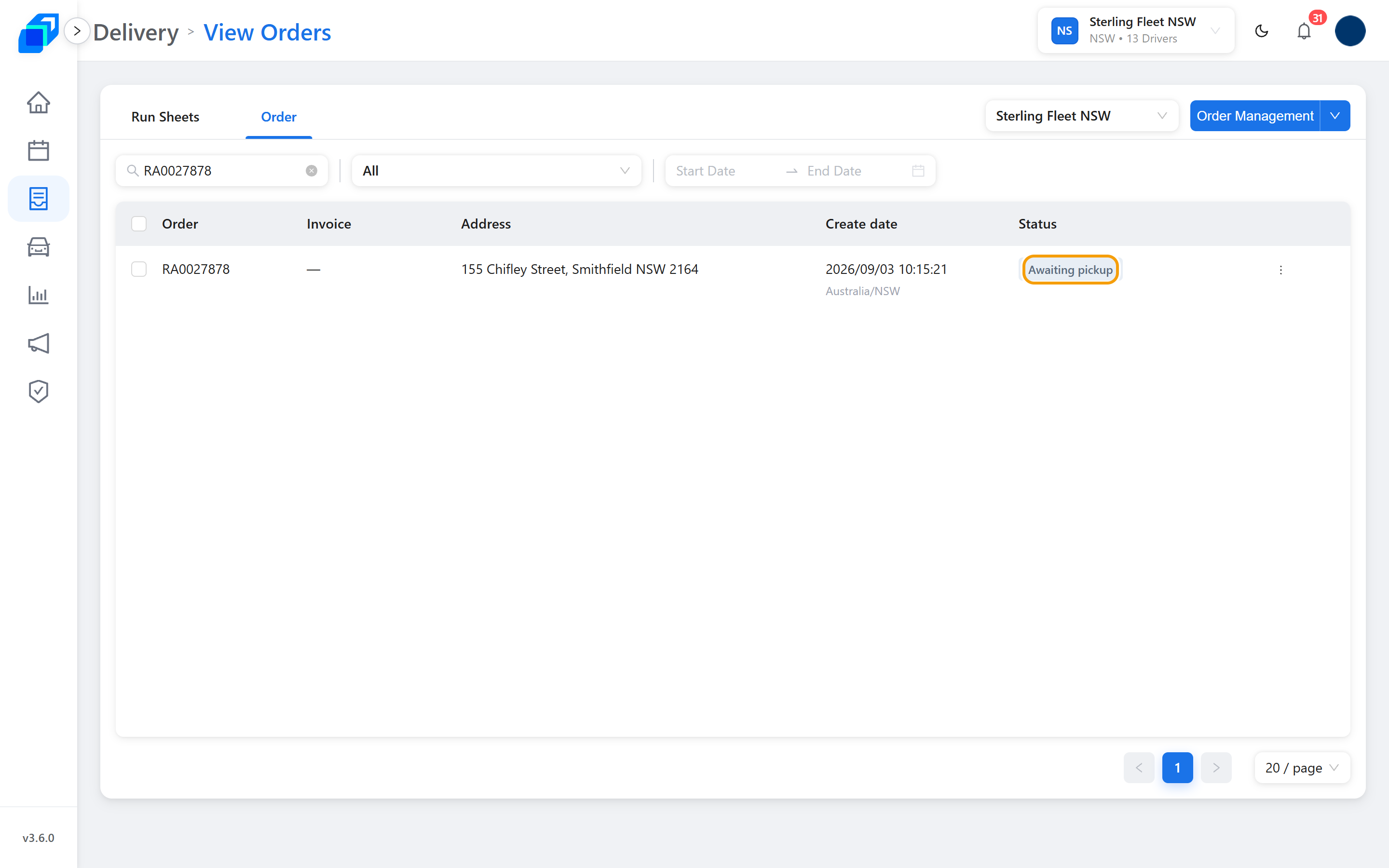 The same order in the order list, reading Awaiting pickup