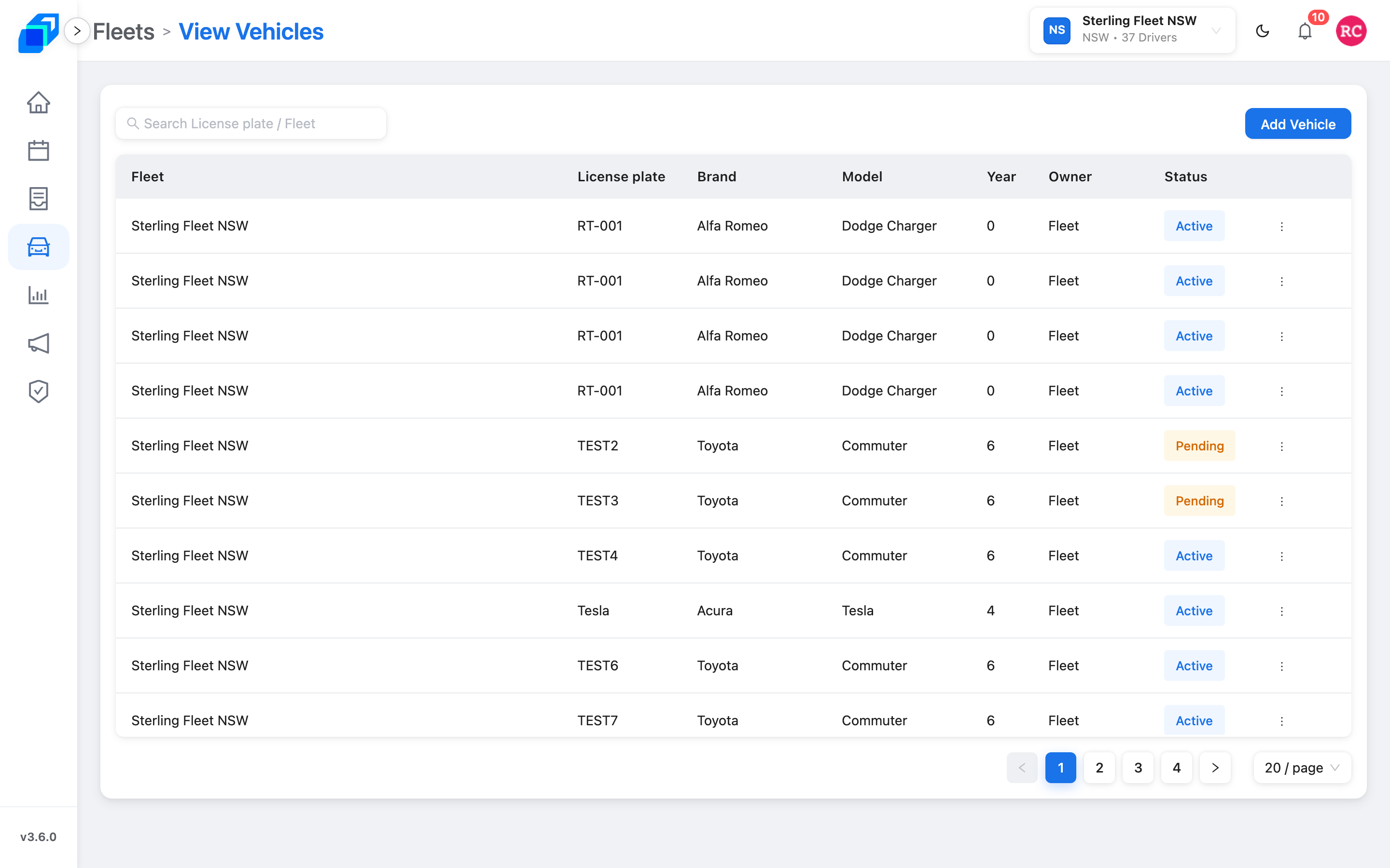 The vehicle list, with the search box and Add Vehicle above it