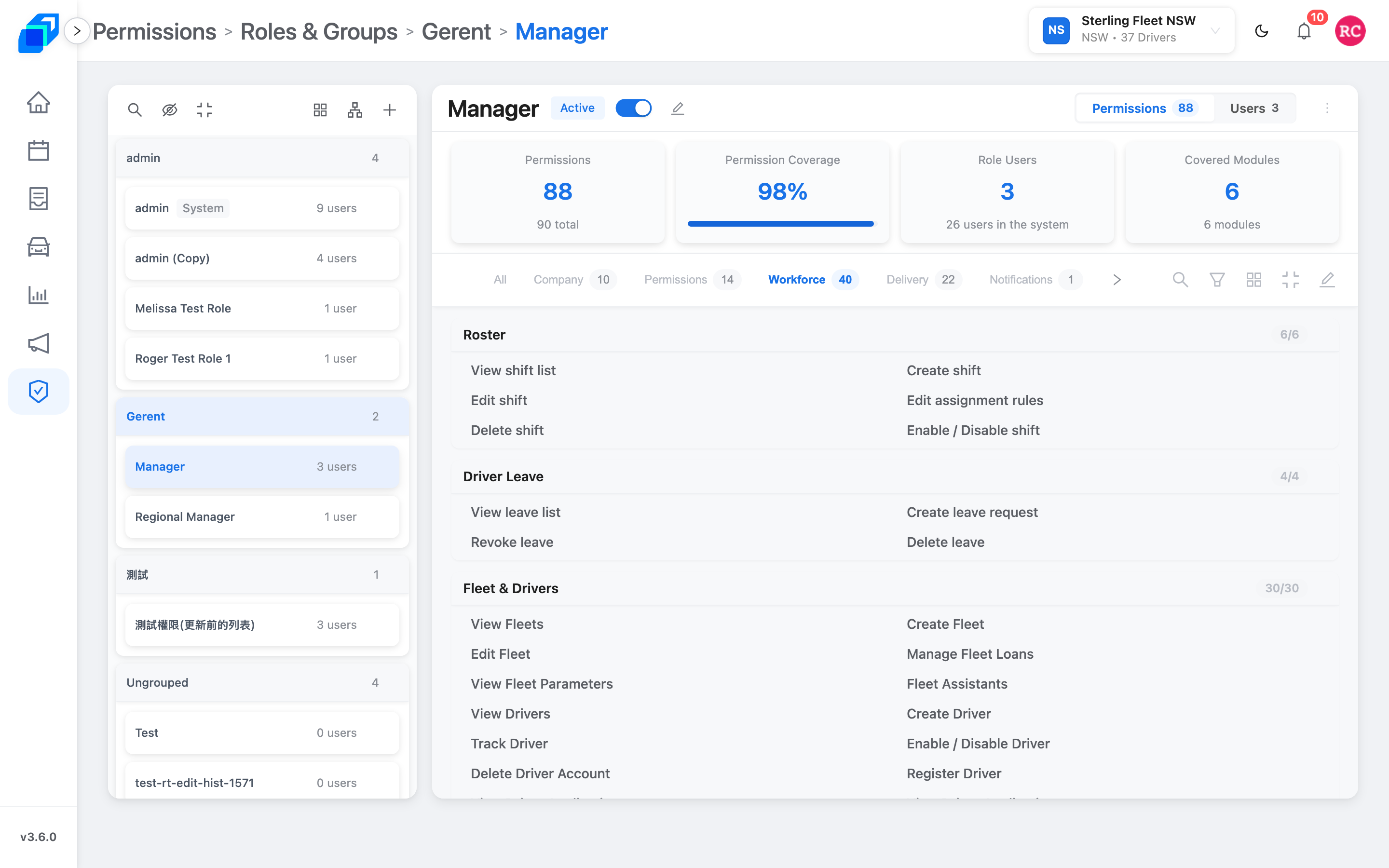 Workforce ticks – Roster, Driver Leave, Fleet &amp; Drivers