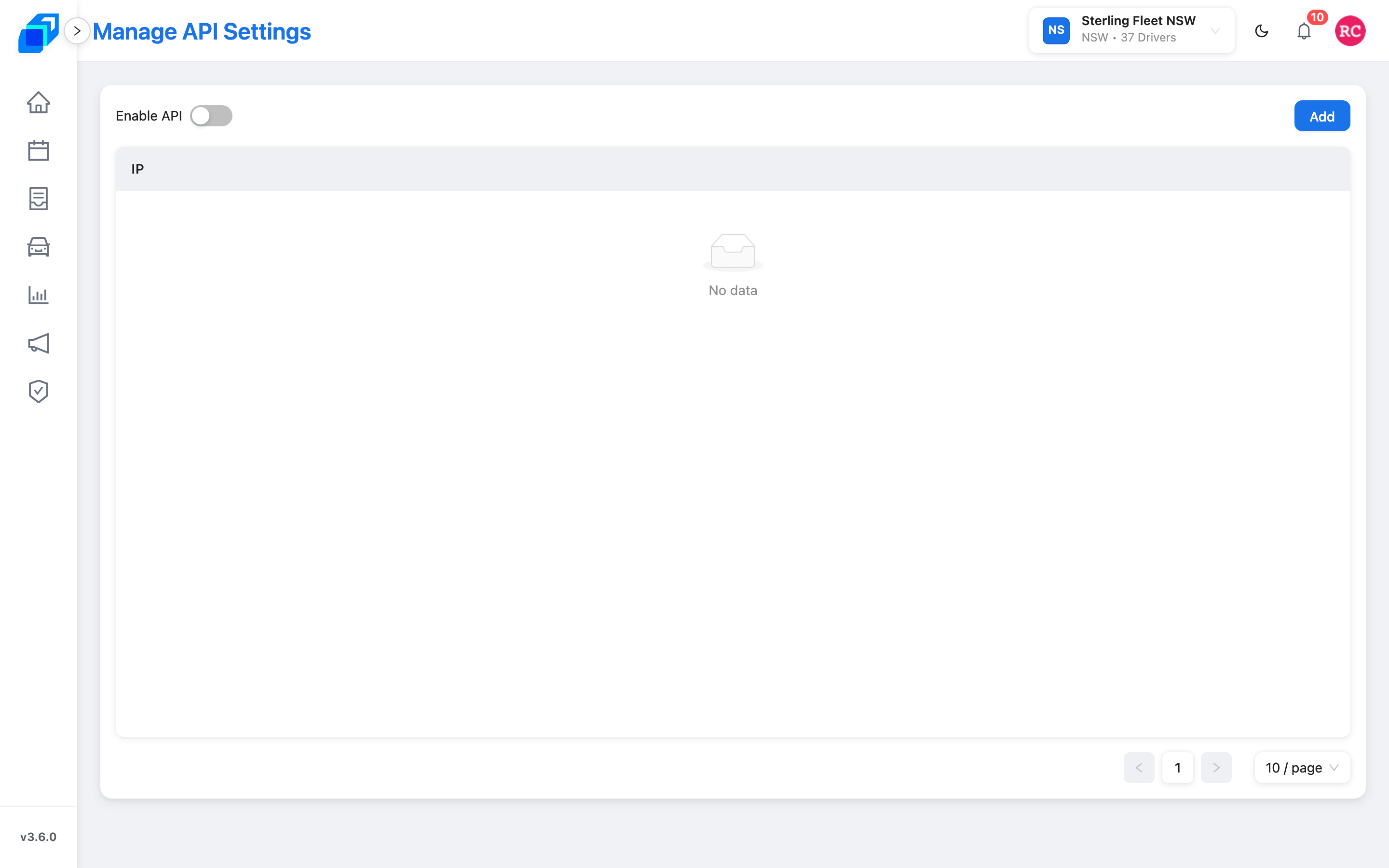 Manage API Settings with the Enable API switch and the IP table