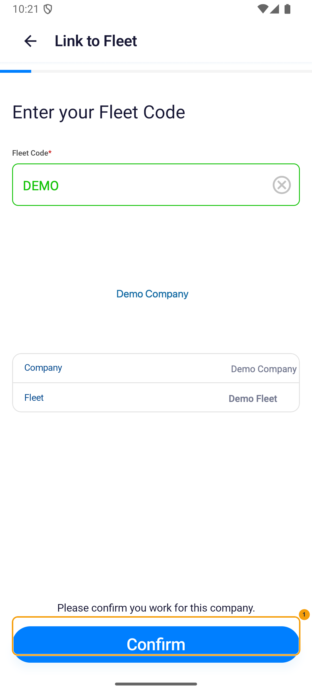 Android「連結車隊」成功結果，已標示「確認 (Confirm)」