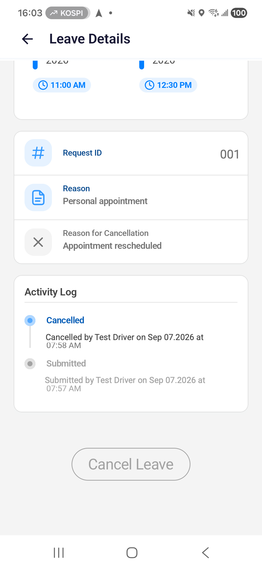 Android 已銷假紀錄顯示取消原因、操作紀錄,以及無法再次操作的 Cancel Leave 按鈕