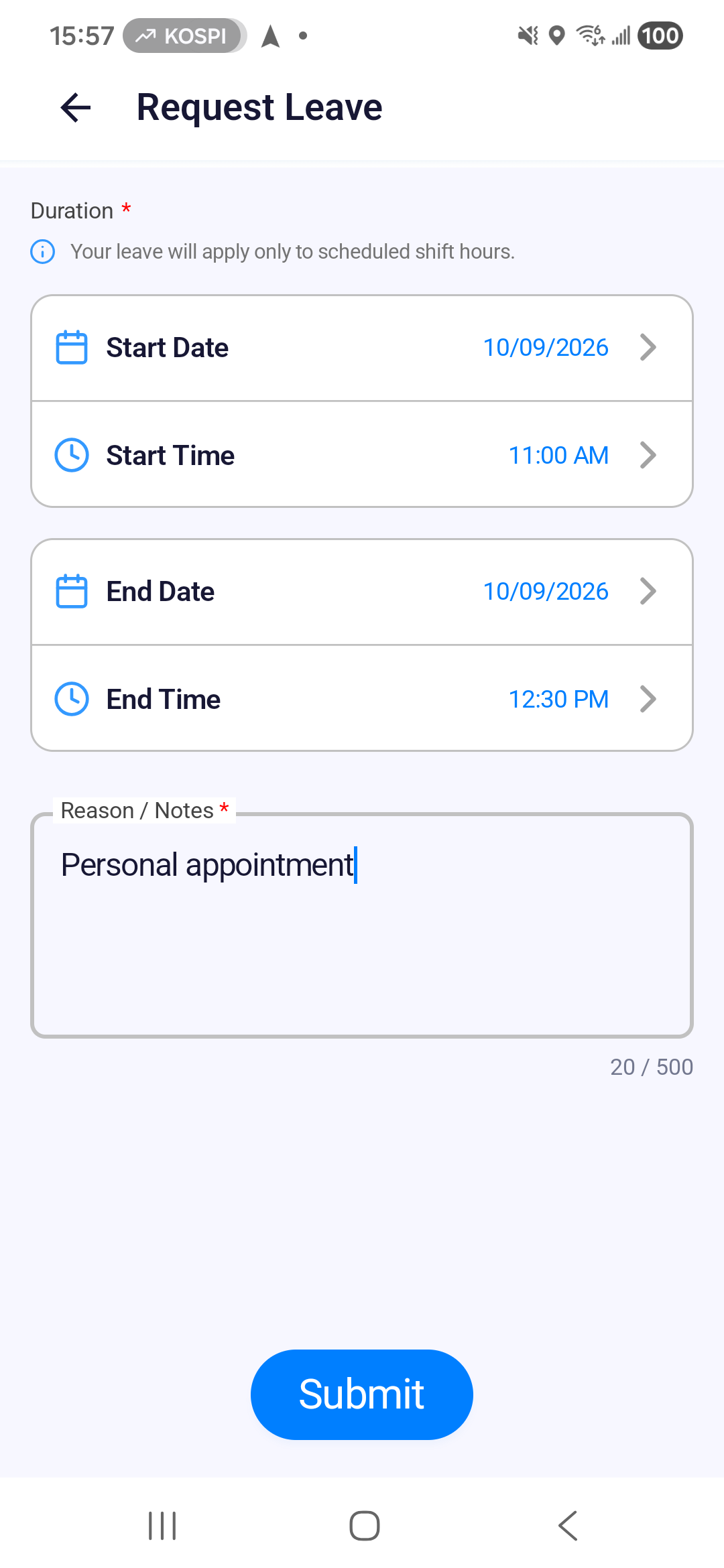 Android 已填妥開始與結束日期、時間和原因,Submit 按鈕可送出