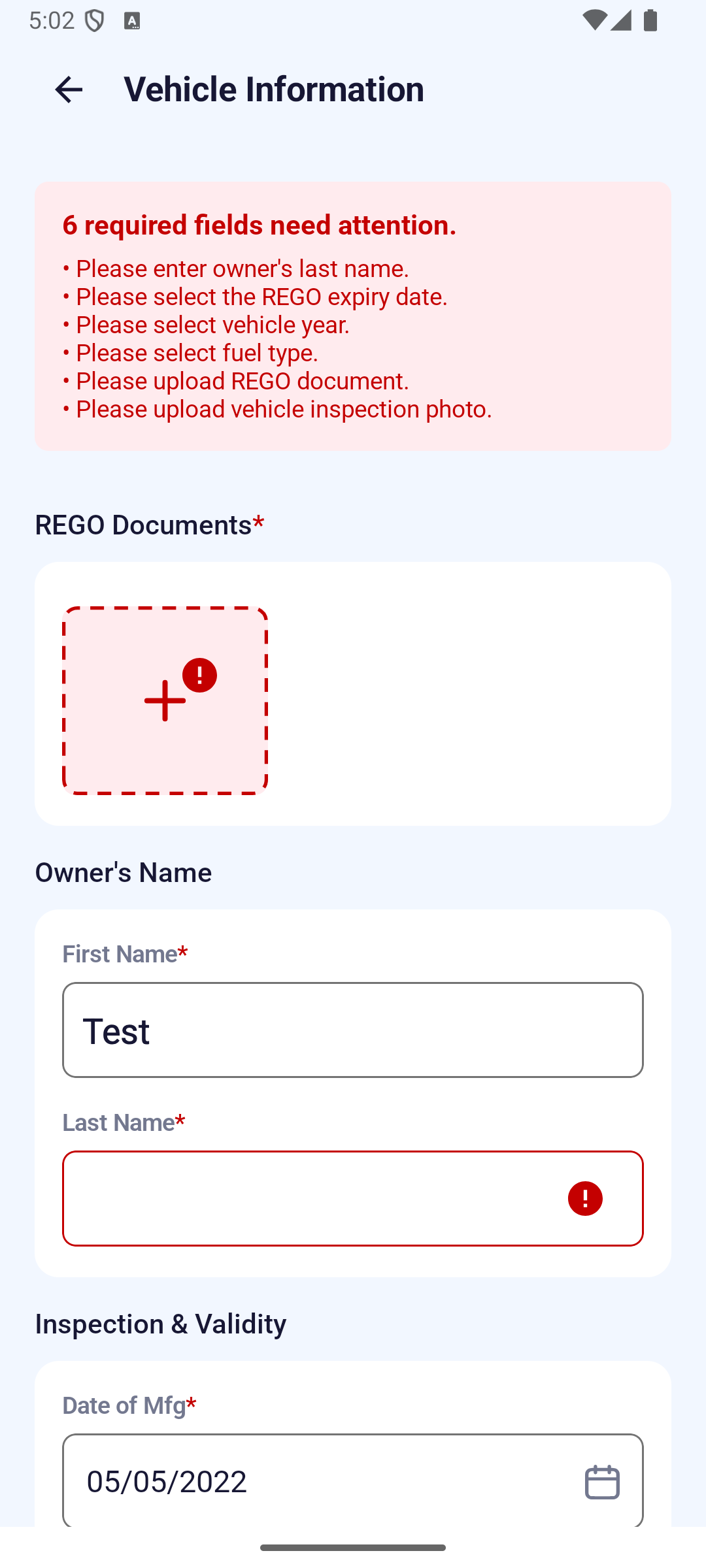 Android Vehicle Information 表單顯示 REGO 上傳區與必填欄位摘要