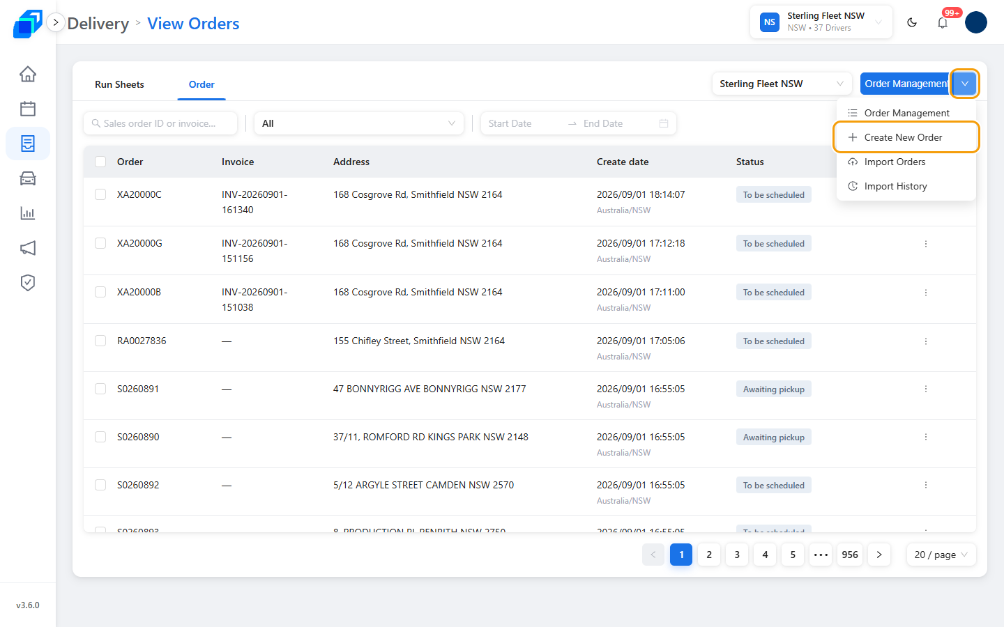 Order Management 分割選單打開,Create New Order 有標示