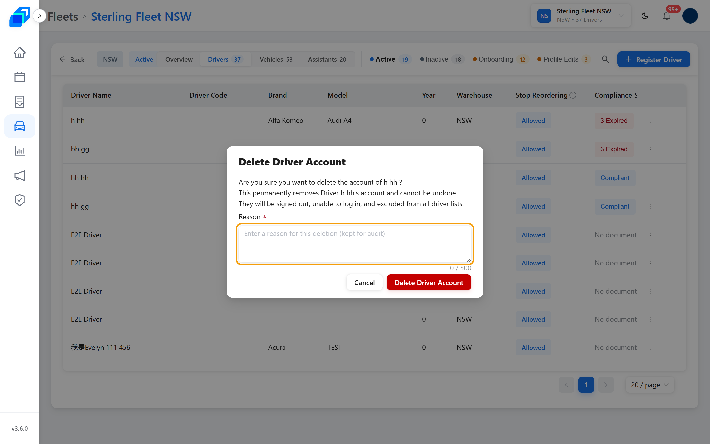 Delete Driver Account 對話框