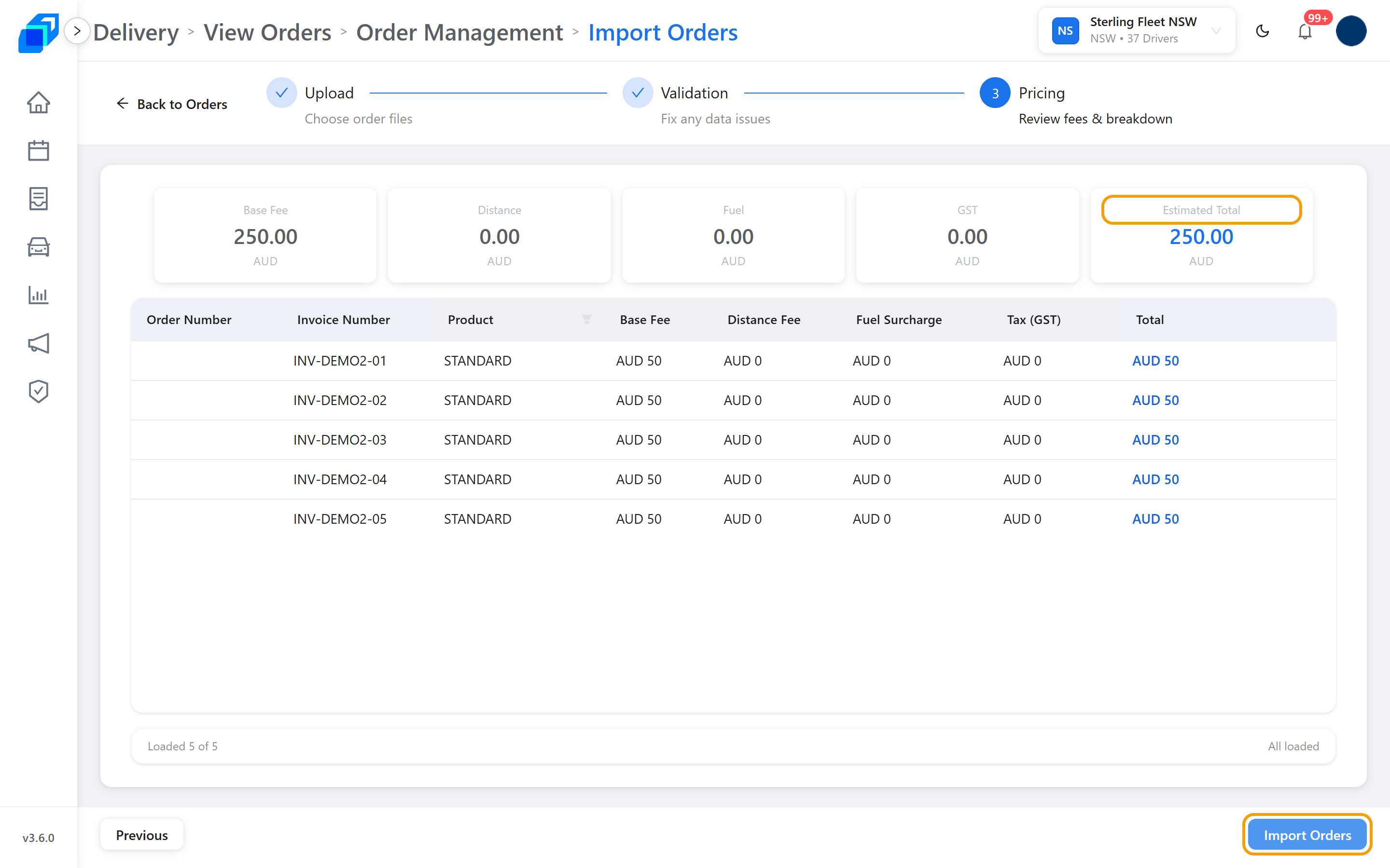價格步驟，Estimated Total 與 Import Orders 有標示