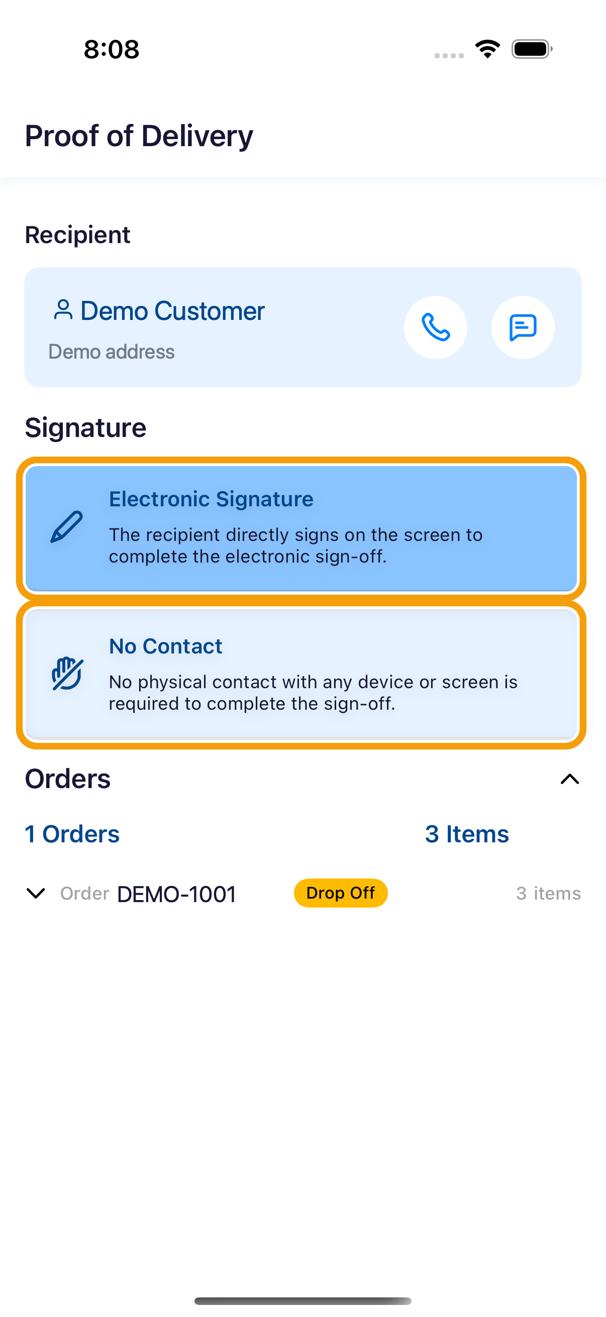 iPhone 配送證明選項,顯示 Electronic Signature 與 No Contact