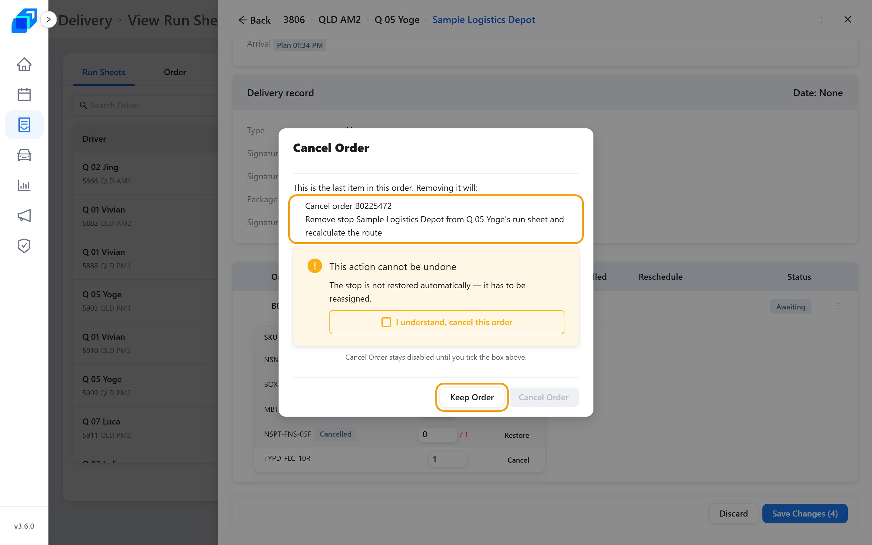 Cancel Order 對話框列出後果,Keep Order 有標示