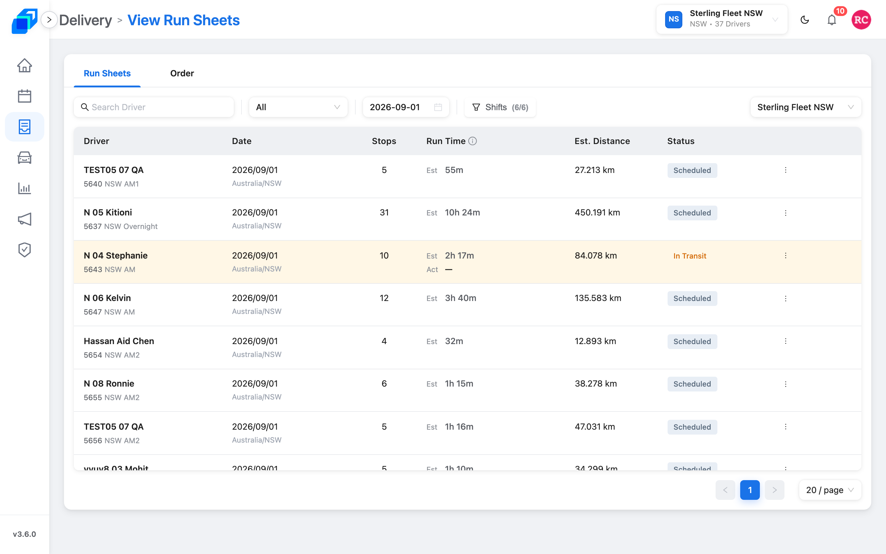 後台 Web 配送 → 運送計劃 (Delivery → Run Sheets) 的列表畫面