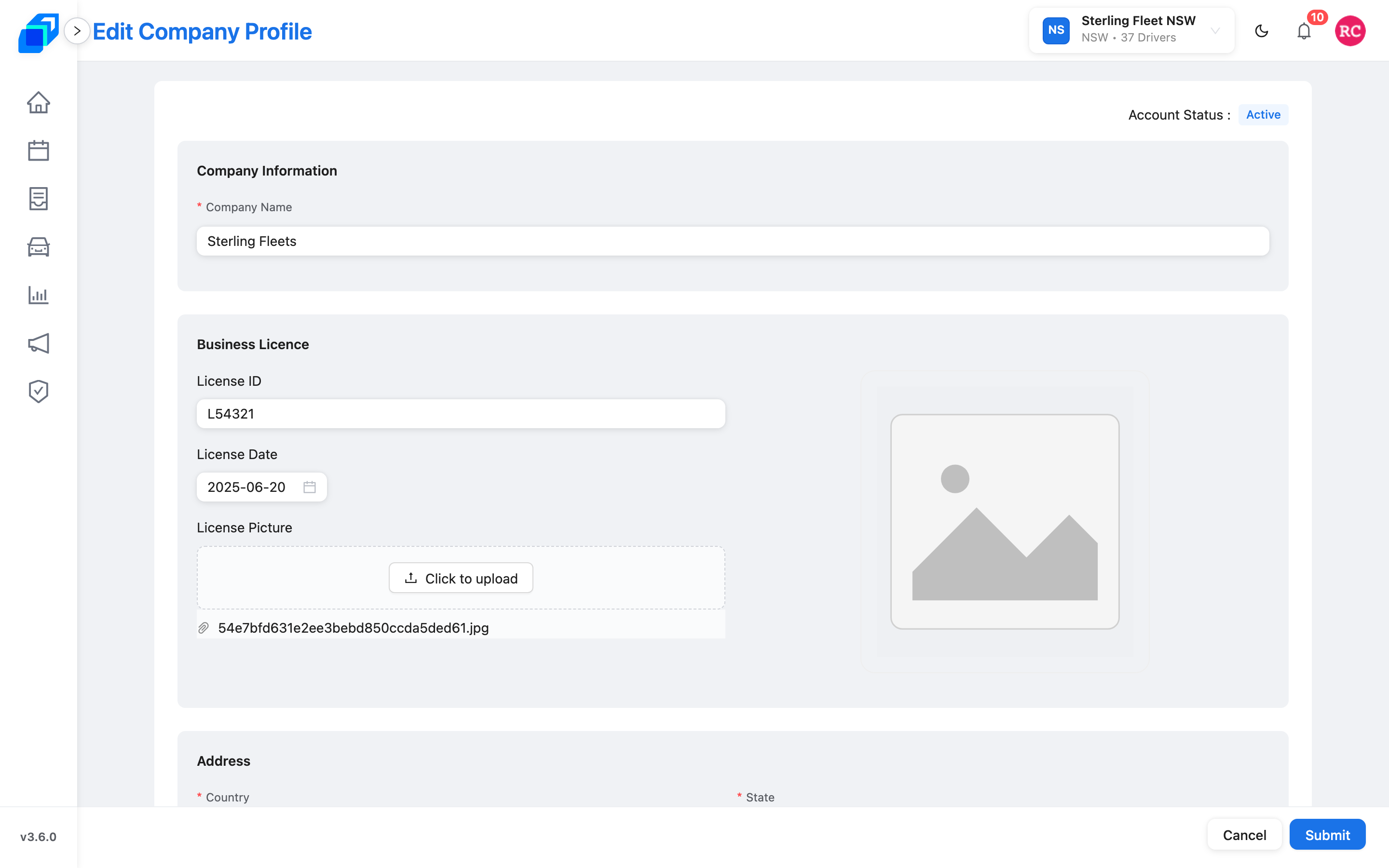 Edit Company Profile 表單，包含 Company Information、Business Licence 與 Address